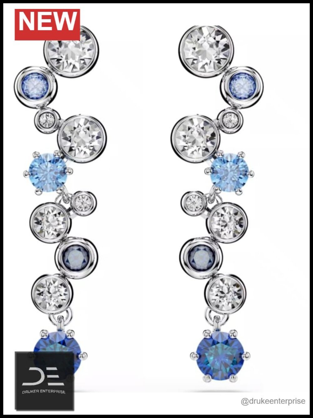 Constella Drop Earrings Mixed Cuts Rhodium Plated Crystals Zirconia Blue